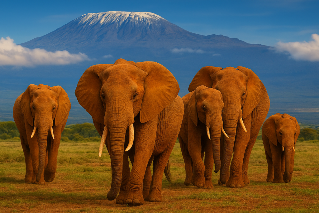 Elephants with background of Mt Kilimanajaro at Amboseli National Park